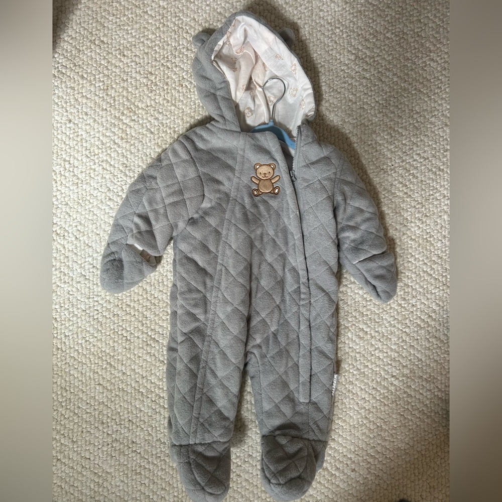 Wippette Gray Quilted Hooded Baby Winter suit with Bear Applique